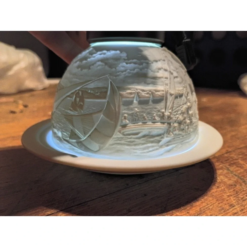 Bernardaud Limoges porcelain lithophane votive candle holder Nautical Sailboats